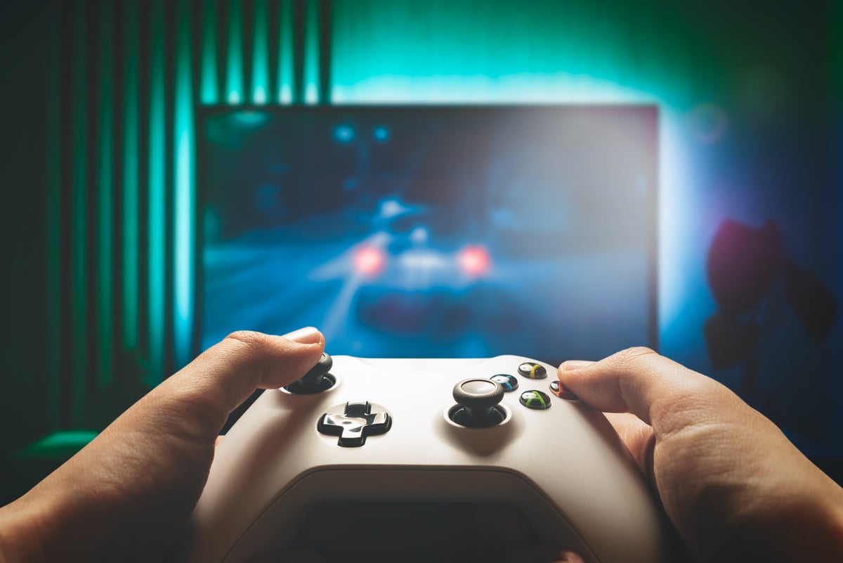 Block Stream entertainment box and controller setup playing on a television screen